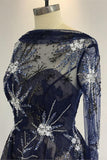 A Line Navy Blue Long Sleeve Beads Open Back Tulle Short Prom Dress Homecoming Dress JS753