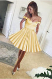 Cute A Line Yellow Off the Shoulder Sweetheart Satin with Pockets Homecoming Dresses JS720