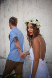 Stunning Backless White Lace Boho Spaghetti Straps Chiffon Beach Lace Lining Wedding Dress JS804