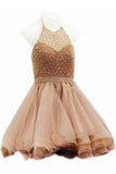 Modest Halter Short Beaded Tulle Cute Mini Homecoming Dresses JS96