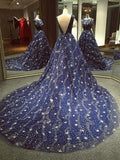 Chic Ball Gown Dark Navy Scoop Sweep Train Tulle Modest Rhinestone Long Prom Dresses JS210
