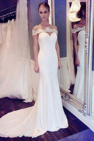 Elegant Off the shoulder Mermaid Long White Wedding Dress with Train JS131