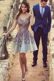 Gorgeous A-Line Short Cap Sleeves Sexy Homecoming Dress with Purple Appliques JS229