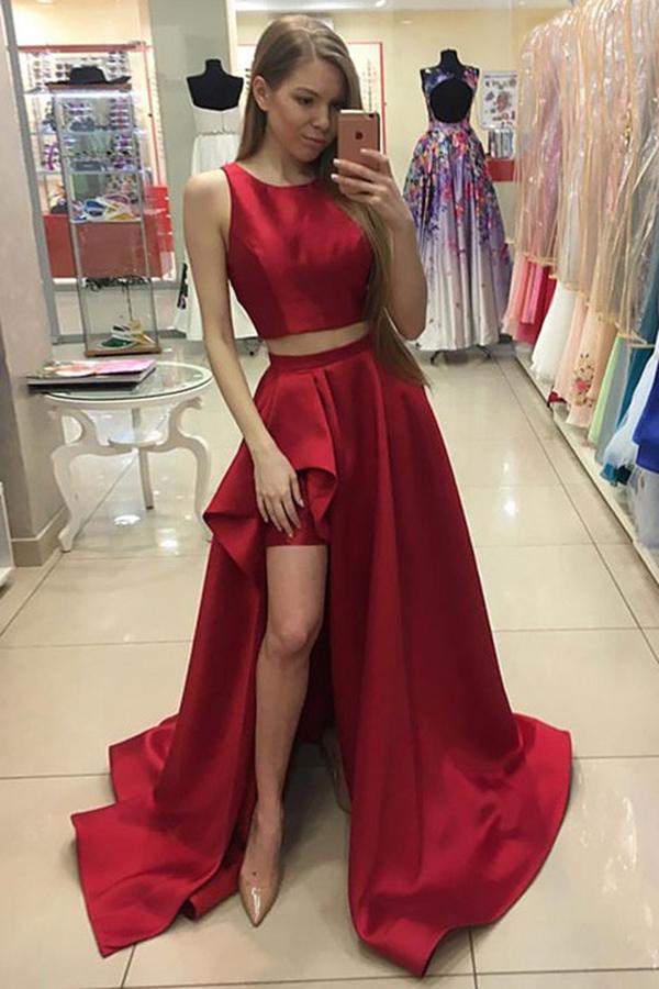 A Line Red Two Piece Satin Scoop Neck A-line Sweep Train Split Front Prom Dresses JS623