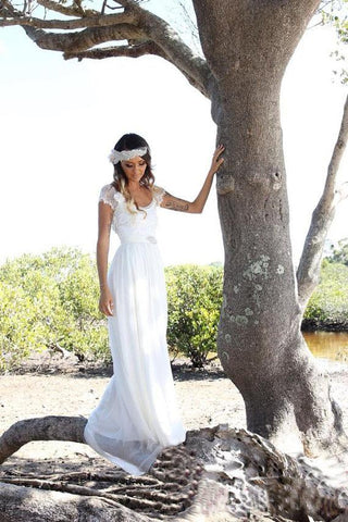 Beach A-Line Cap Sleeves Backless Lace Summer Scoop Open Back Ivory Wedding Dress JS700
