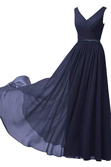 A Line V Neck Chiffon Navy Blue Long Sleeveless Ruffles Floor Length Prom Dresses uk PW337