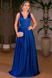 Royal Blue Satin V-neck A-line Floor-length Ruched Backless Prom Dresses JS610