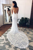 Elegant Mermaid Deep V-Neck Court Train Split-Front Backless White Lace Wedding Dresses JS273