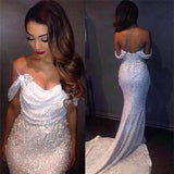 White Mermaid Off The Shoulder Long Ivory Sequins with Sparkle Formal Party Dresses For Teens JS13