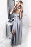 A-Line Spaghetti Straps V Neck Floor-Length Chiffon Grey Prom Dress with Sequins Split JS653