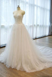 Ball Gown Strapless Lace Appliques A Line Chapel Train Wedding Dress with Beading PW297