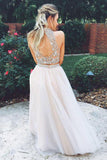Two Piece High Neck Open Back Tulle Sequins Sleeveless Floor-Length Prom Dresses JS394