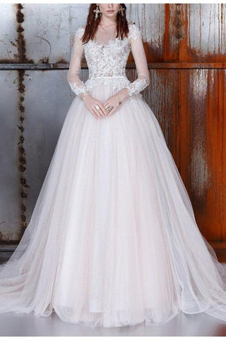 Long A-Line Long Sleeve Tulle Lace Plus Size Princess Elegant Wedding Dress JS32