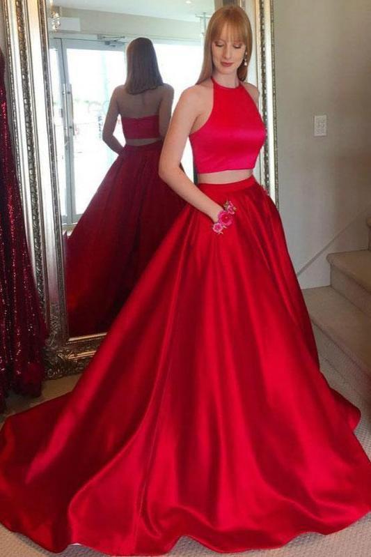 Cheap A Line Two Piece Long Red Satin Halter Sleeveless Prom Dresses with Pockets JS129