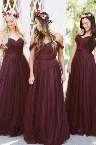 New Style A Line Tulle Sweetheart Off the Shoulder Long Ruffles Bridesmaid Dresses uk JS286