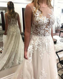 A Line Ivory Lace See Through Applique Wedding Dresses Scoop with Court Train JS91
