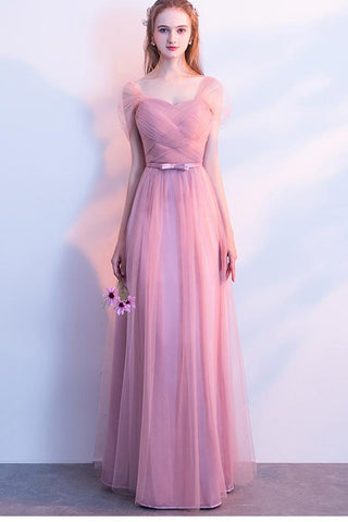 Elegant A-Line Pink Tulle Off the Shoulder Sweetheart Lace up Prom Bridesmaid Dresses JS572
