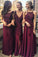 A-Line V-Neck Floor-Length Grape Chiffon Long Bridesmaid Dress wtih Split JS262