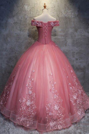 Ball Gown Off-the-Shoulder Watermelon Tulle Sweetheart Cheap Wedding Dresses with Appliques JS271