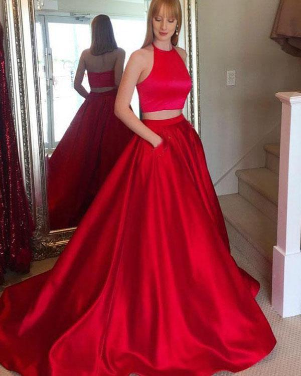 Cheap A Line Two Piece Long Red Satin Halter Sleeveless Prom Dresses with Pockets JS129