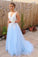 Elegant Blue Chiffon A line V Neck V Back Tulle Lace Long Prom Dresses Evening Dress JS270