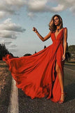 Elegant Red Sexy Simple Deep V neck Soft Side Split Chiffon Sleeveless Prom Dresses UK JS451