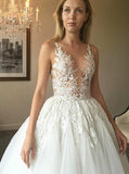 Elegant Ball Gown Round Neck Ivory Open Back Wedding Dress with Appliques Bridal Dresses JS449