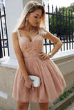 A Line Sweetheart Spaghetti Straps Pink with Lace Appliques Homecoming Dresses JS999