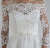 A-Line Lace Scoop 3/4 Sleeve Appliques Tulle Floor-Length White Button Wedding Dresses JS176