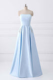 A-Line Blue Simple Satin Strapless Beaded Pockets Lace Up Back Long Sleeveless Prom Dresses UK JS309