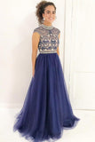 Vintage Stylish A-Line High Neck Cap Sleeves Navy Blue Beaded Lace Tulle Prom Dresses UK JS296
