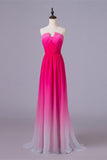 A-line Ombre Princess Long Cheap Gradient Chiffon Strapless Hot Pink Prom Dresses UK JS342