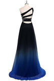 One Shoulder Blue and Black Chiffon A-Line Ombre Appliques Open Back Prom Dresses JS466