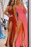 Sparkle One Shoulder Long Sleeve Side Split Prom Dresses