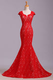 Elegant Red Sweetheart Mermaid Lace Cap Sleeve Open Back Prom Dress Party Dresses JS175