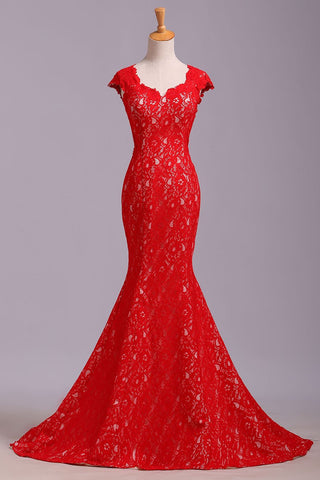 Elegant Red Sweetheart Mermaid Lace Cap Sleeve Open Back Prom Dress Party Dresses JS175