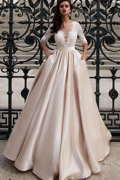 Wedding Dresses A Line Scoop Mid-Length Sleeves Satin With Applique