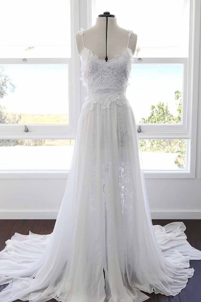 A-line Spaghetti Strap White Lace Chiffon Sweetheart Backless Beach Wedding Dresses JS881