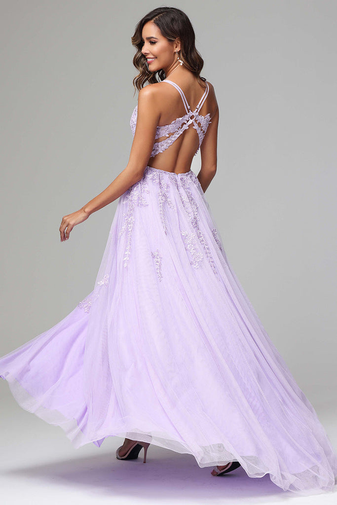 Lilac Spaghetti Straps Lace Appliques Wedding Guest Dresses