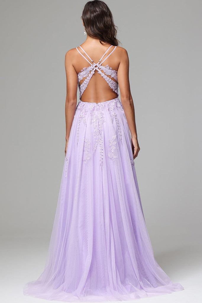 Lilac Spaghetti Straps Lace Appliques Long Prom Dress
