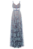 2024 Blue Lace Spaghetti Long A-line Backless V-Neck Sleeveless Prom Dresses JS581