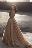 Long Prom Gown Sparkly Gold Sequins Spaghetti Straps Backless Evening Dresses