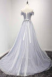 Dusty Blue A-Line Off-the-Shoulder Tulle Lace up Prom Dresses with Appliques Lace JS956
