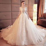 2024 Gorgeous Scoop Lace Appliques Flowers White Organza Long Sleeve Wedding Dresses JS177