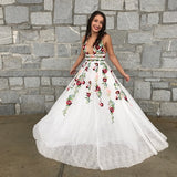 A Line Elegant V Neck Lace Prom Dresses Backless Party Dresses With Flowers