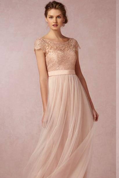 Cap Sleeve A-Line Lace Chiffon Long Elegant Backless Bridesmaid Dress