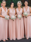 A-Line Chiffon Lace V-neck Sleeveless Floor Length Bridesmaid Dresses
