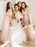 A-Line Princess Tulle V-neck Sleeveless Floor-Length Bridesmaid Dresses