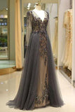 Elegant A Line V Neck Long Sleeves Tulle Grey Prom Dresses with Beading JS85