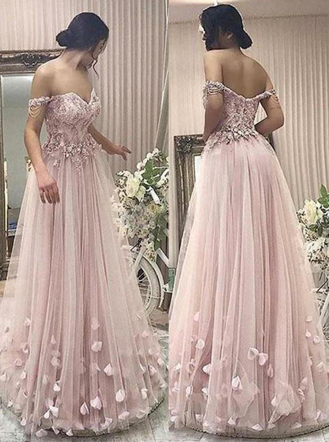 A-Line Off the Shoulder Pearl Pink Sweetheart Tulle Prom Dresses with Applique Beads JS821